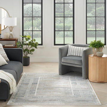 Glitz GLZ07 Modern Abstract Geometric Border Distressed Metallic Shimmer Hi-Low Textured Soft-Touch Polyester Low Profile Short-Pile Ivory/Beige/Taupe/Blue Rug-Nourison-Rug Love - The Most Loved Rug Store